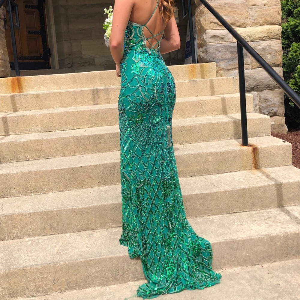 Sherri Hill -Fully Beaded Lace Up Back Fitted Evening Dress Green